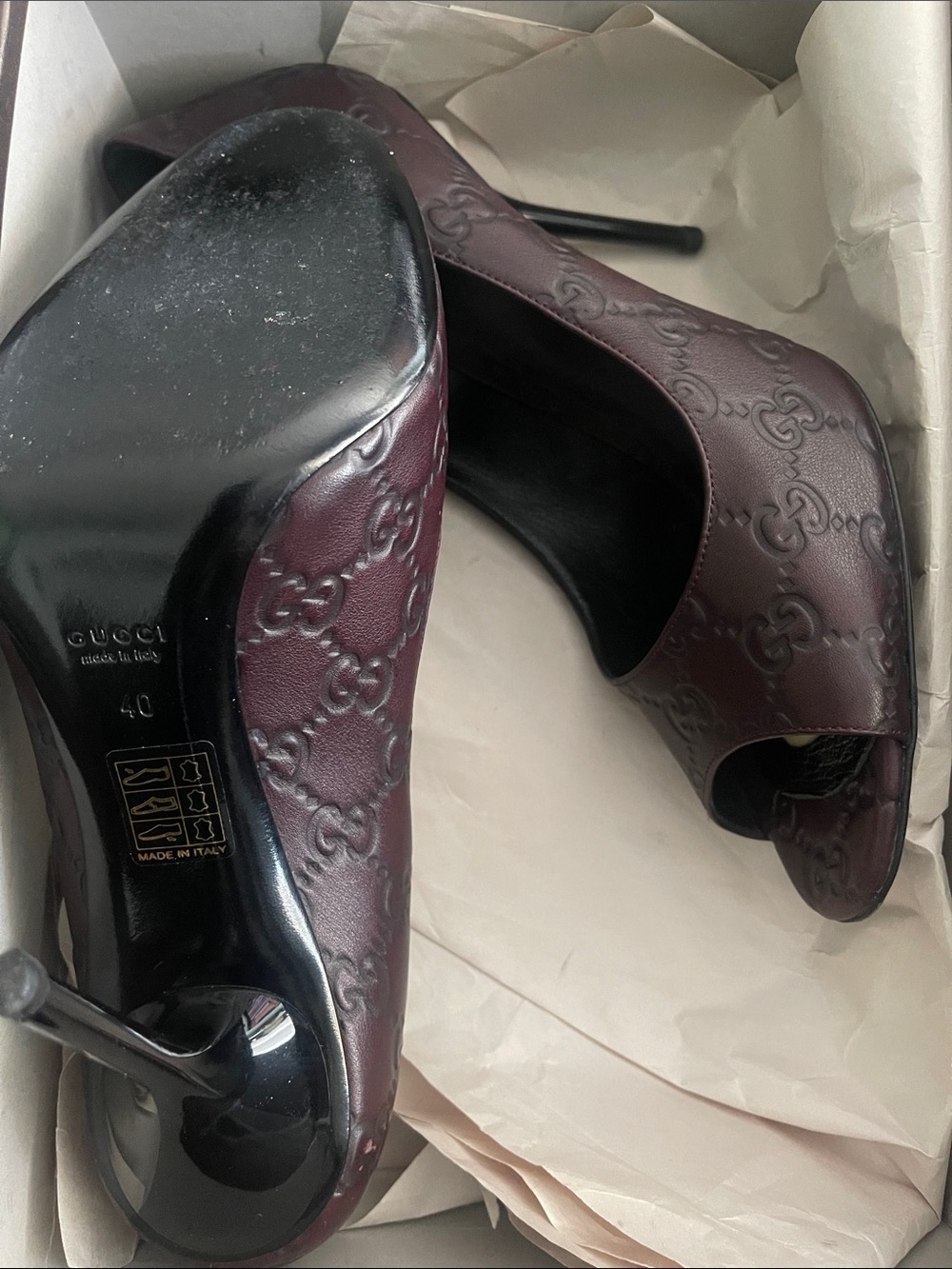 Gucci Embossed GG Peep-Toe Stiletto Heels - Picture 2 of 4